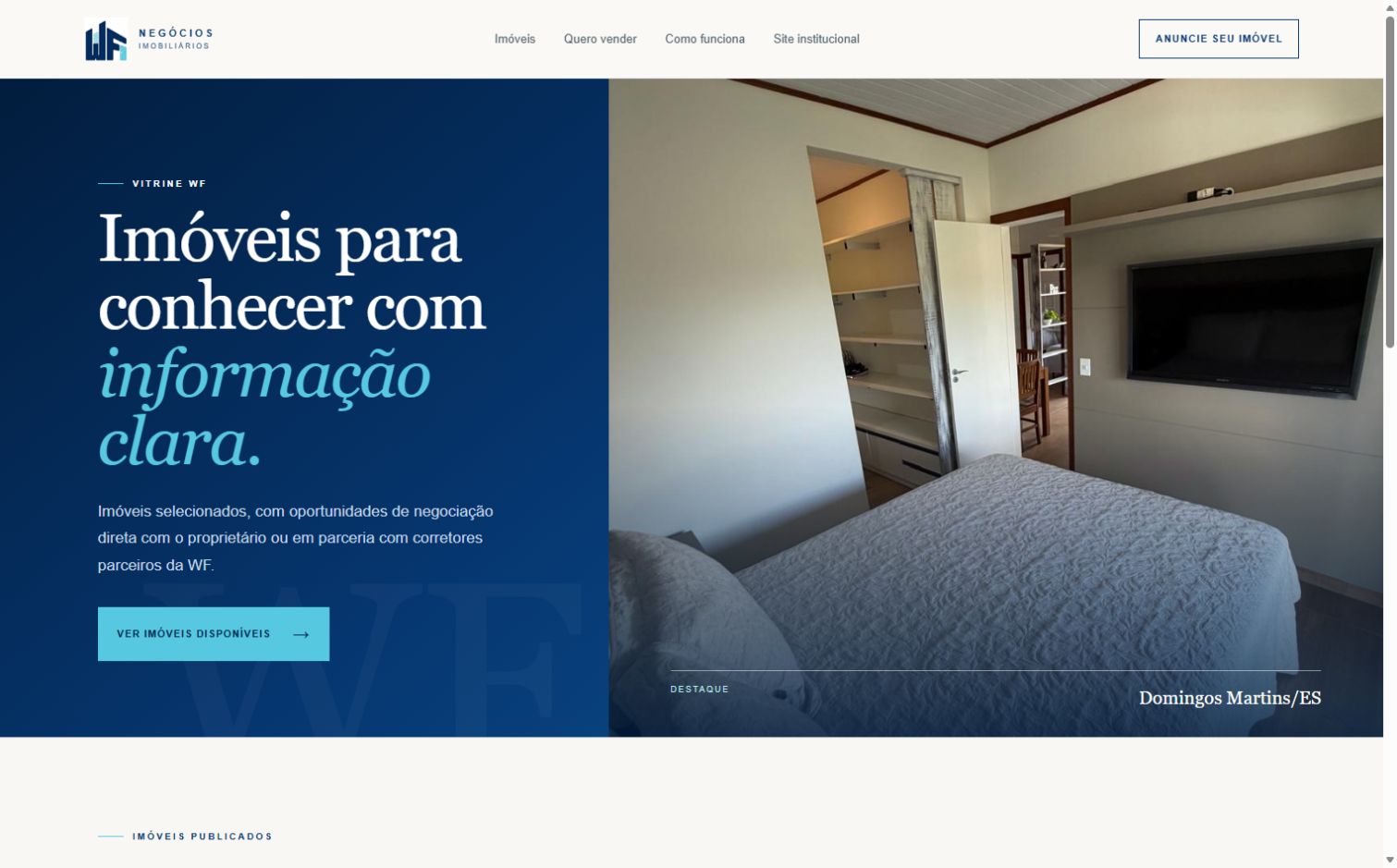 Captura real da vitrine de imóveis WF Negócios Imobiliários